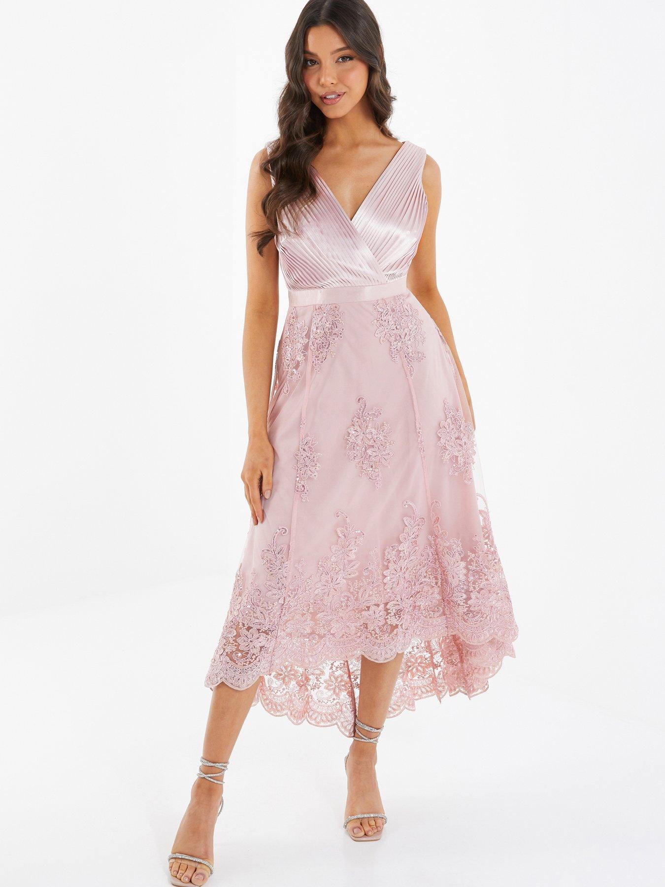 Quiz Embroidered Dip Hem Dress Pink
