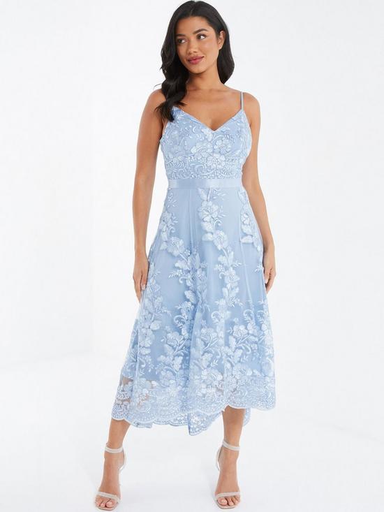 front image of quiz-lace-dip-hem-strappy-midi-dress