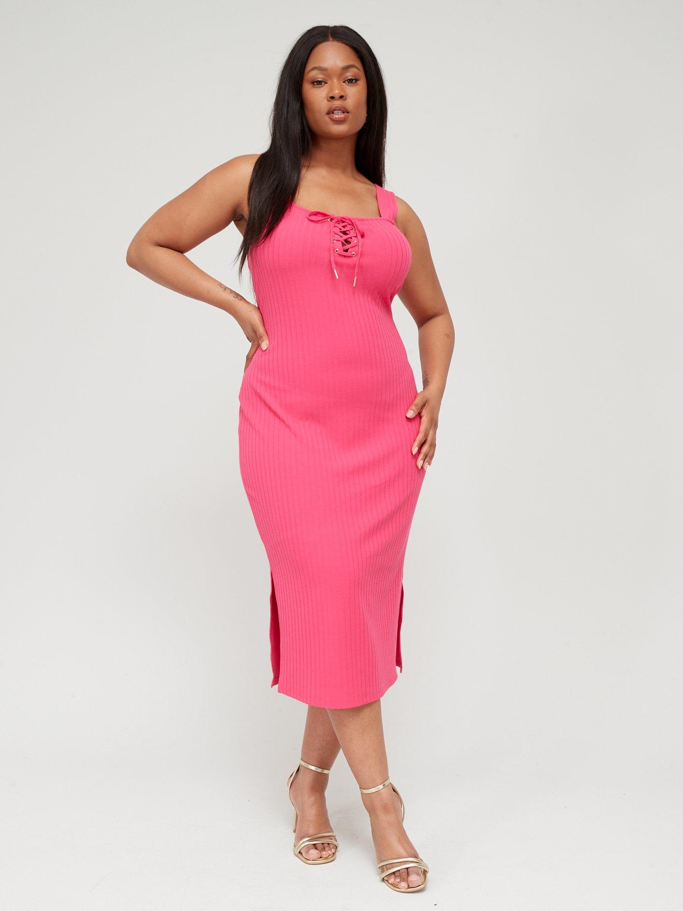 V by Very Curve Abstract Animal 3/4 Sleeve Belted V Neck Midi Dress - Pink