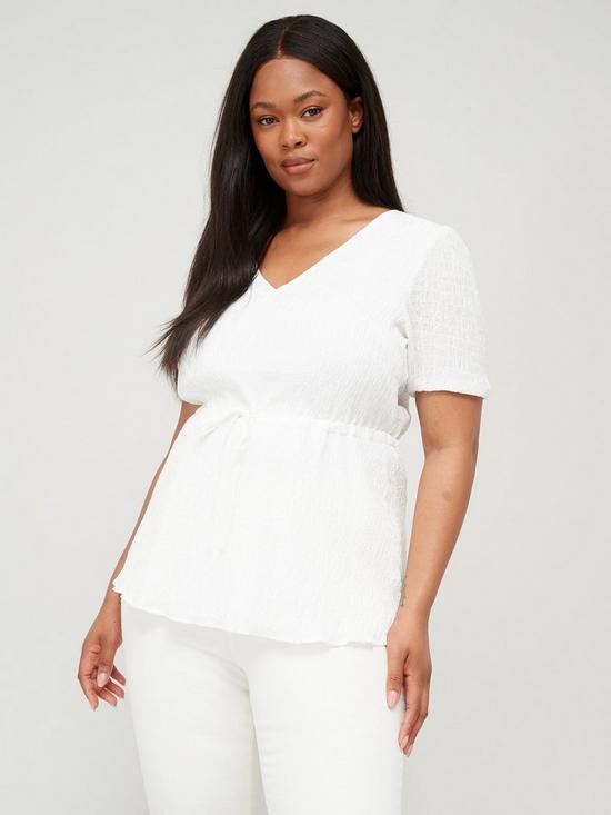 front image of v-by-very-curve-v-neck-tie-waist-textured-short-sleeve-top-white