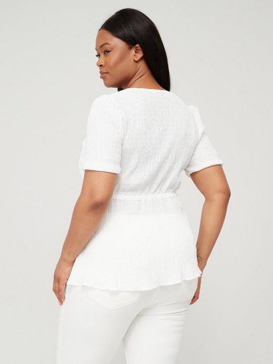 stillFront image of v-by-very-curve-v-neck-tie-waist-textured-short-sleeve-top-white