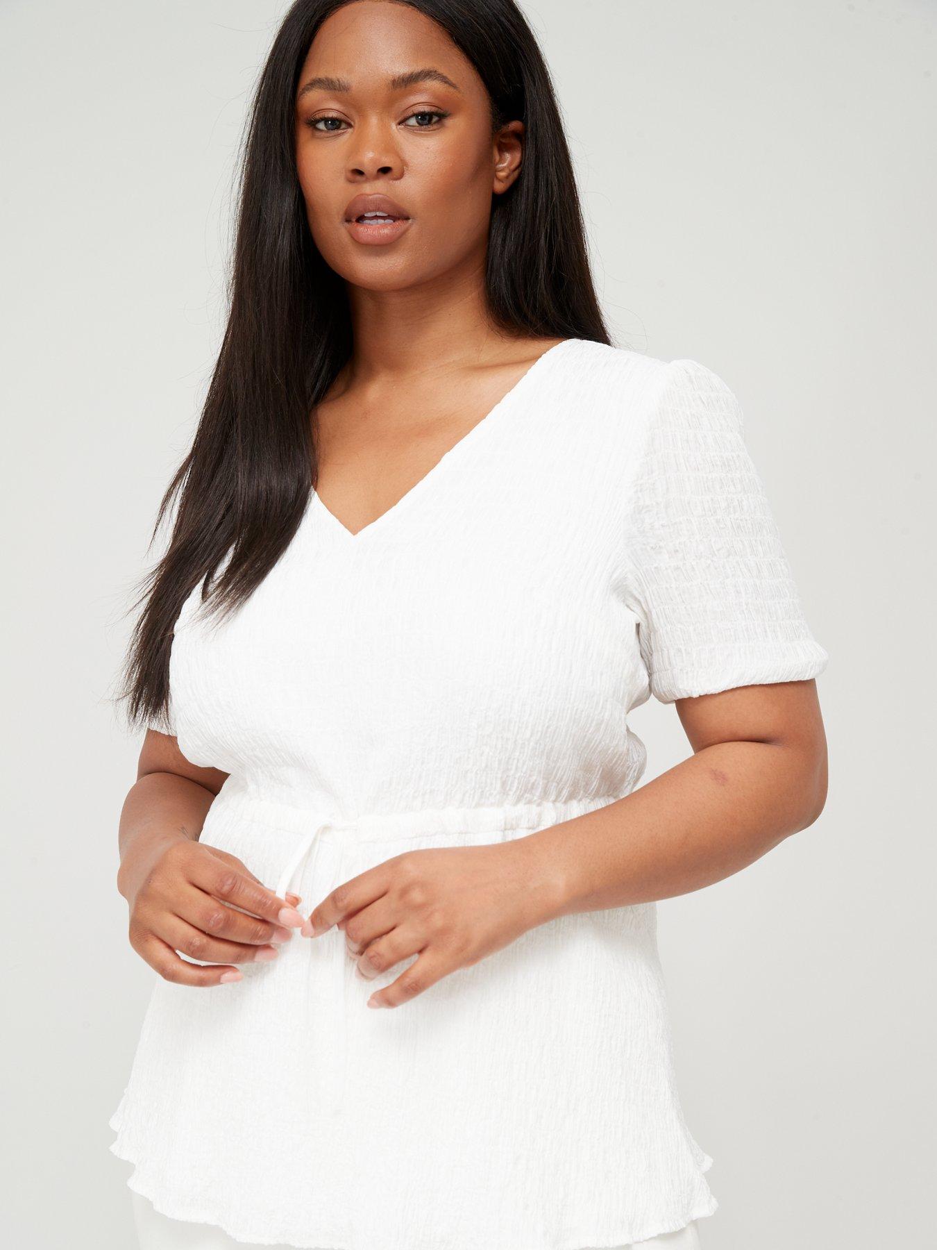  image of v-by-very-curve-v-neck-tie-waist-textured-short-sleeve-top-white