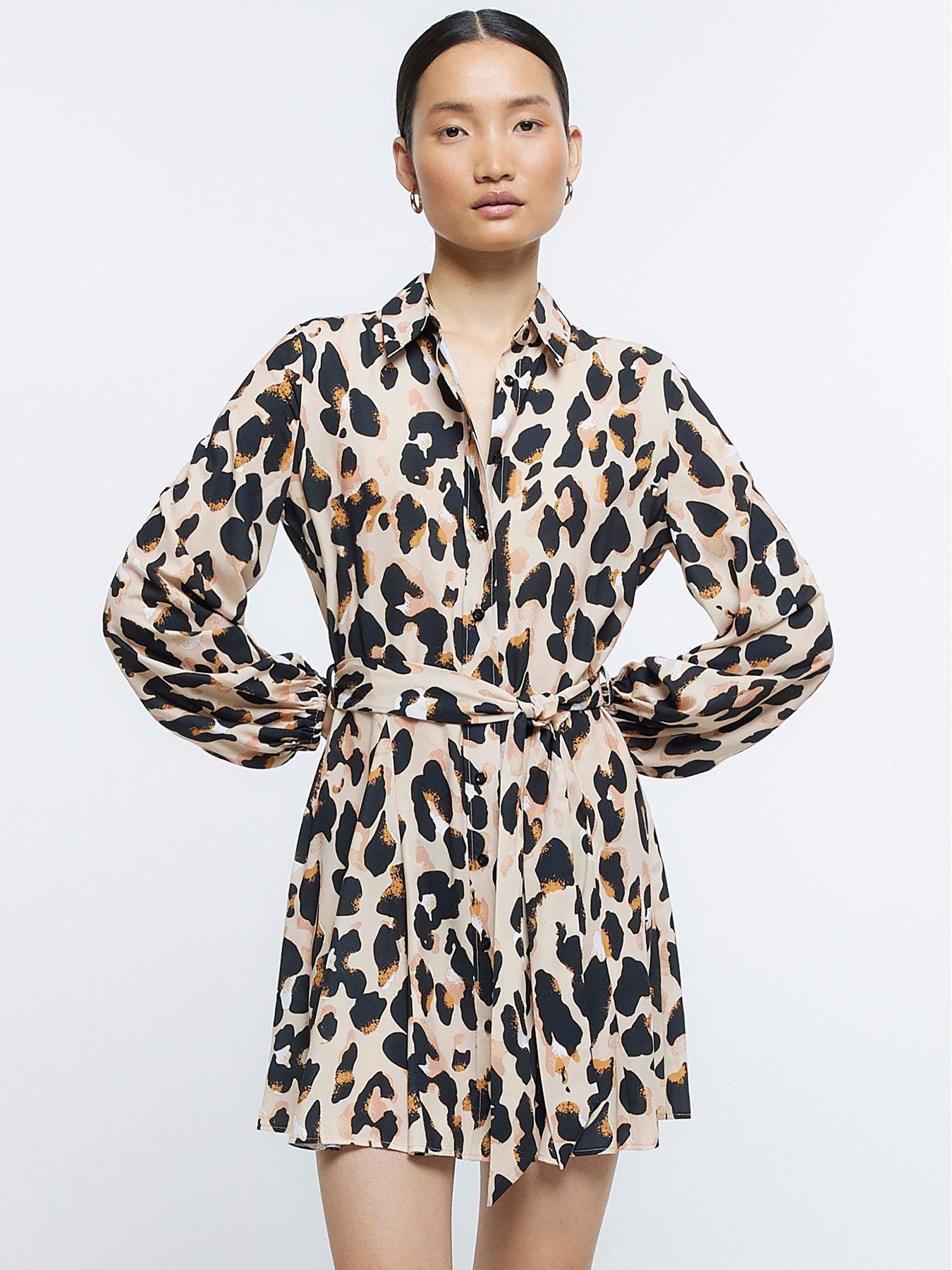 Leopard Print Shirt Dress Beige