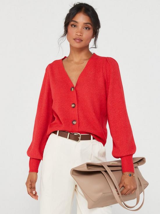 front image of everyday-rib-v-neck-cardigan-red