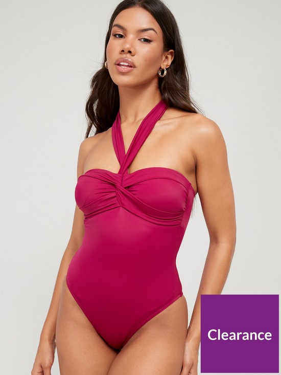 front image of v-by-very-halter-neck-bust-detail-swimsuit-dark-purplenbsp