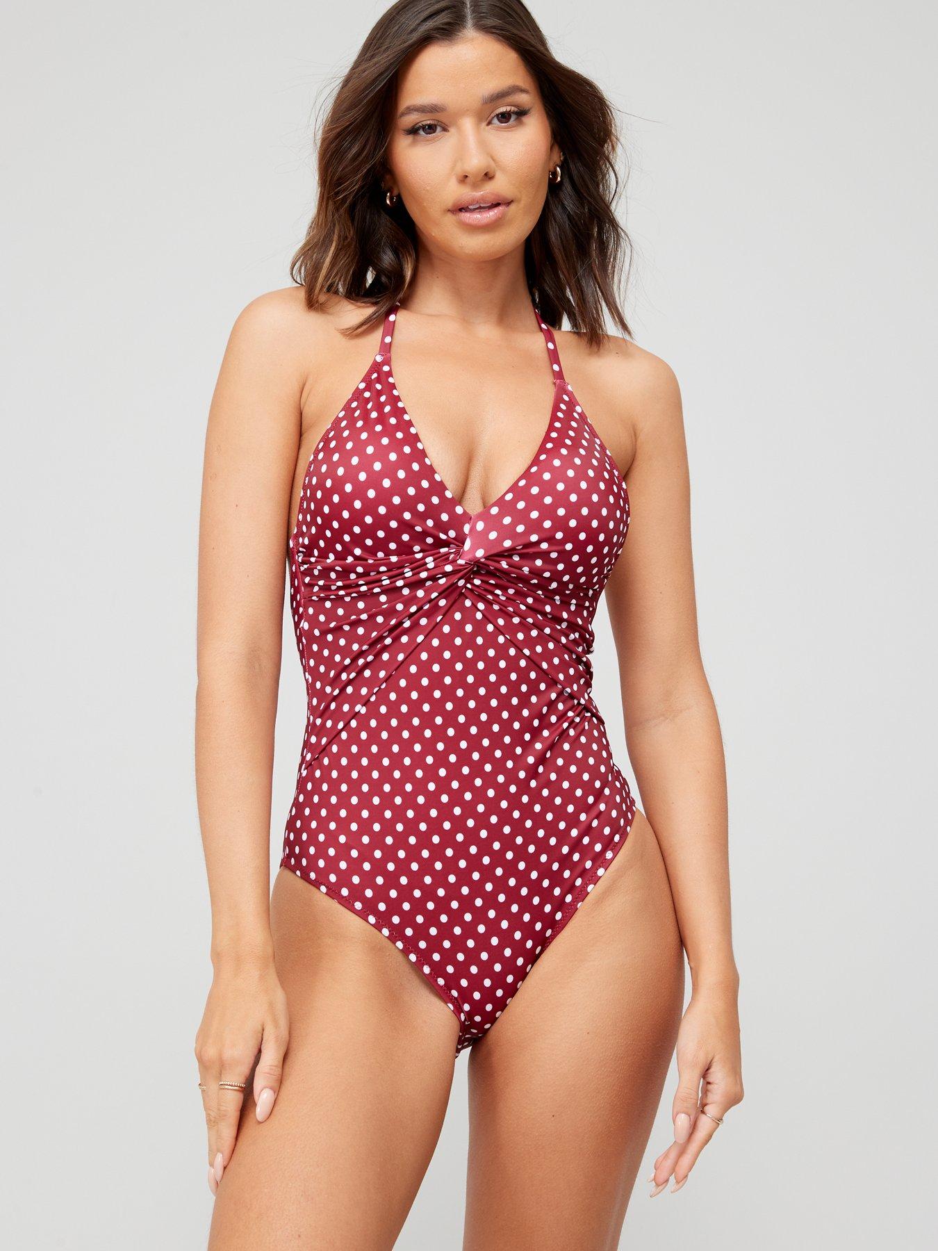 V by Very Shape Enhancing Twist Halter Neck Swimsuit Dark Red