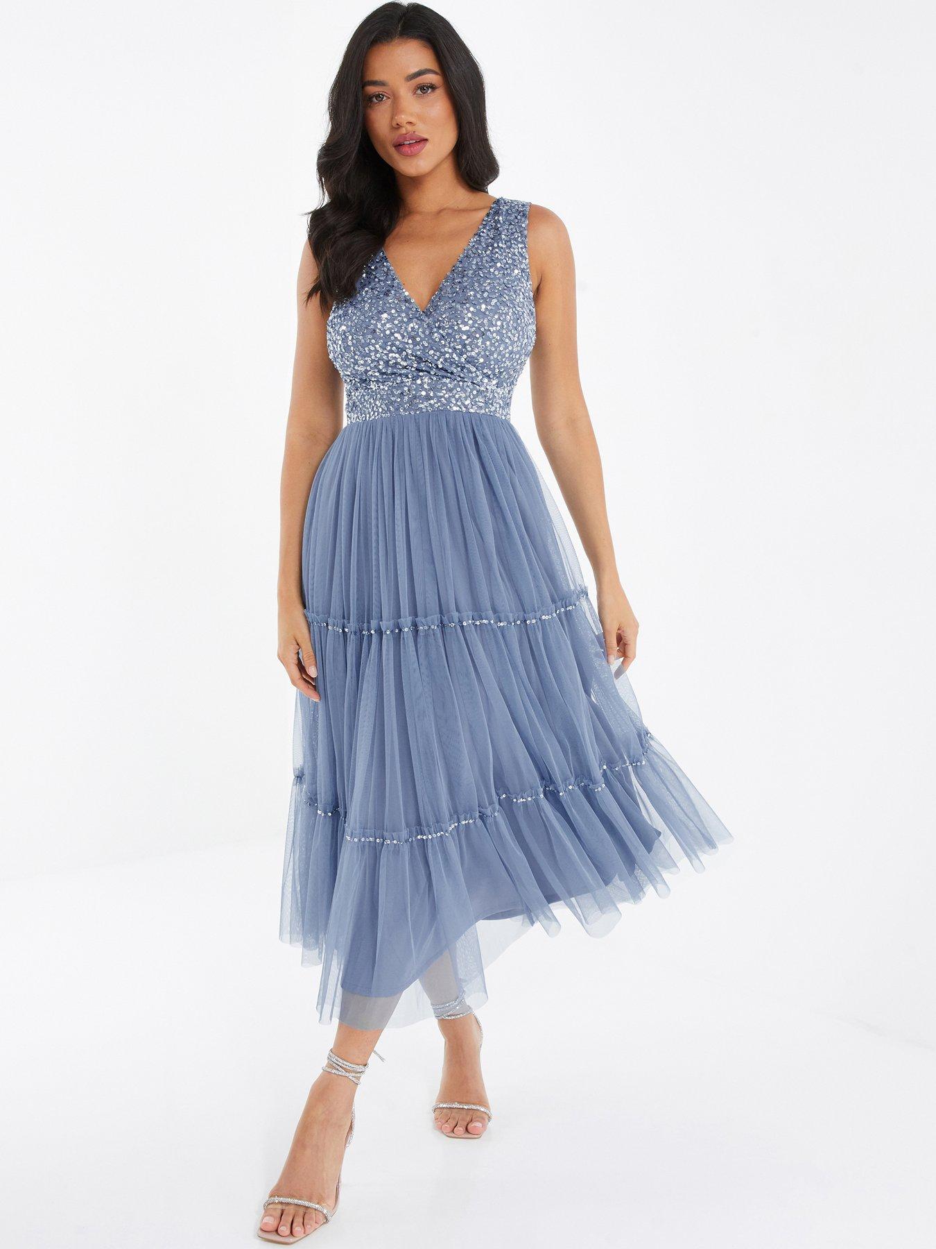 Quiz Sequin Tiered Midi Dress - Dark Blue | Littlewoods