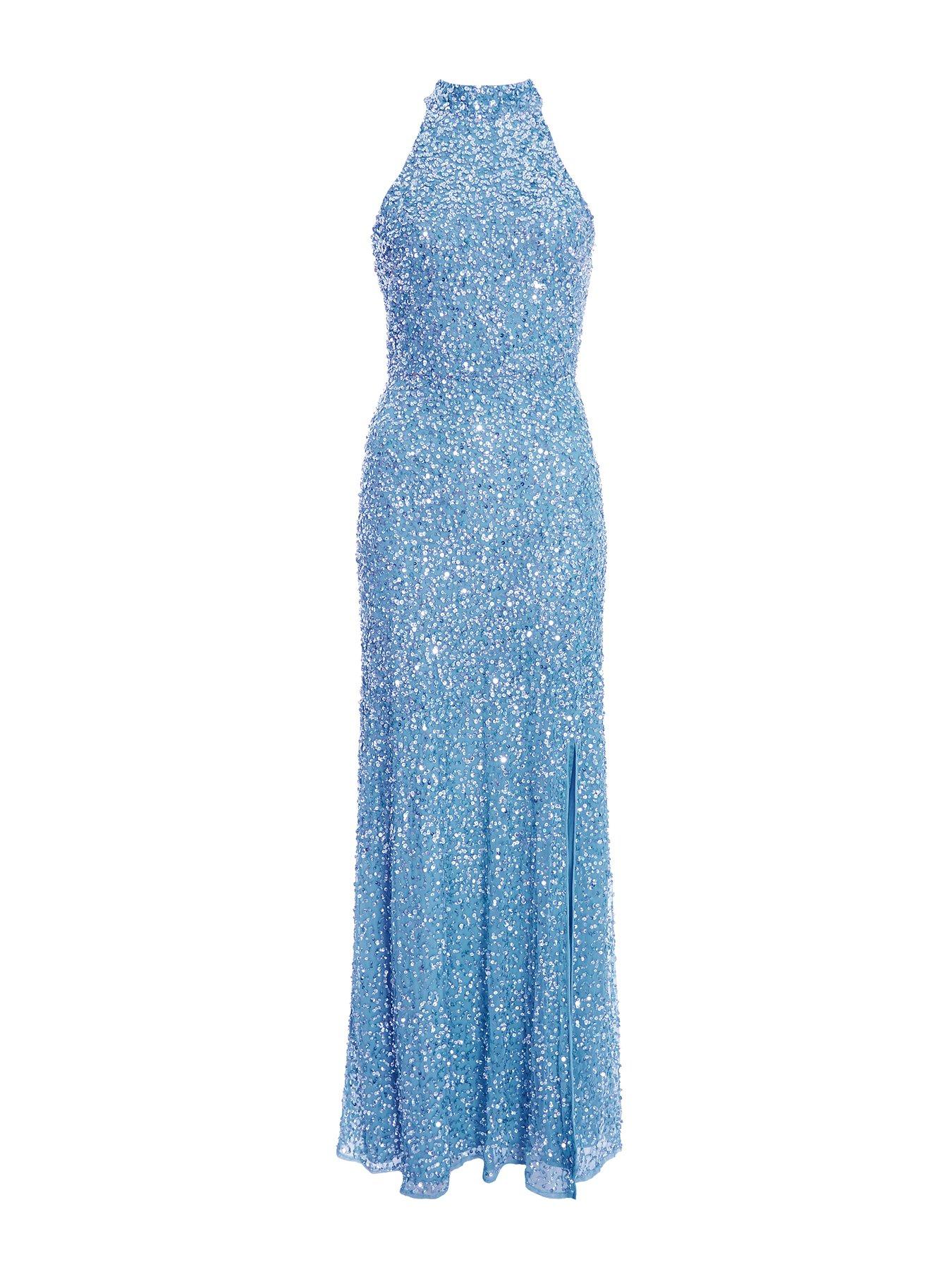 Quiz Sequin Halter Neck Fishtail Maxi Dress - Light Blue | Littlewoods