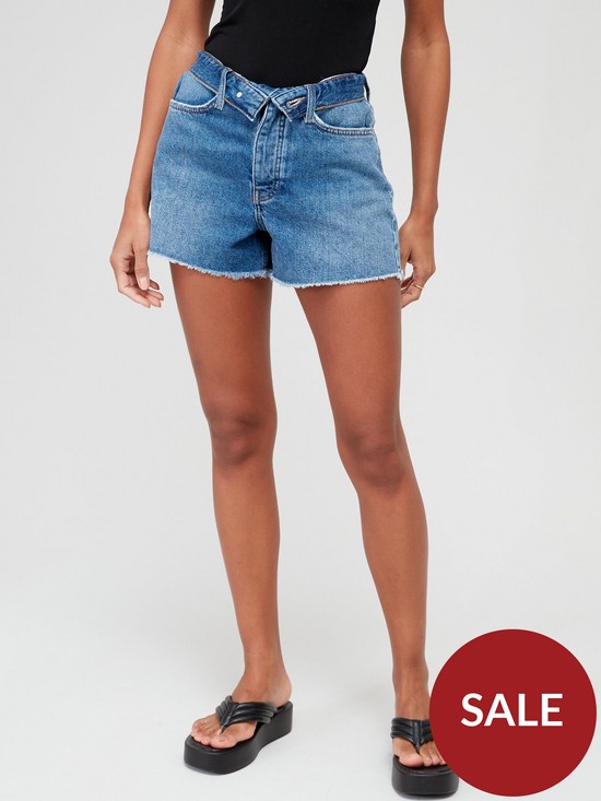 front image of v-by-very-fold-over-waistband-mom-shorts-dark-wash