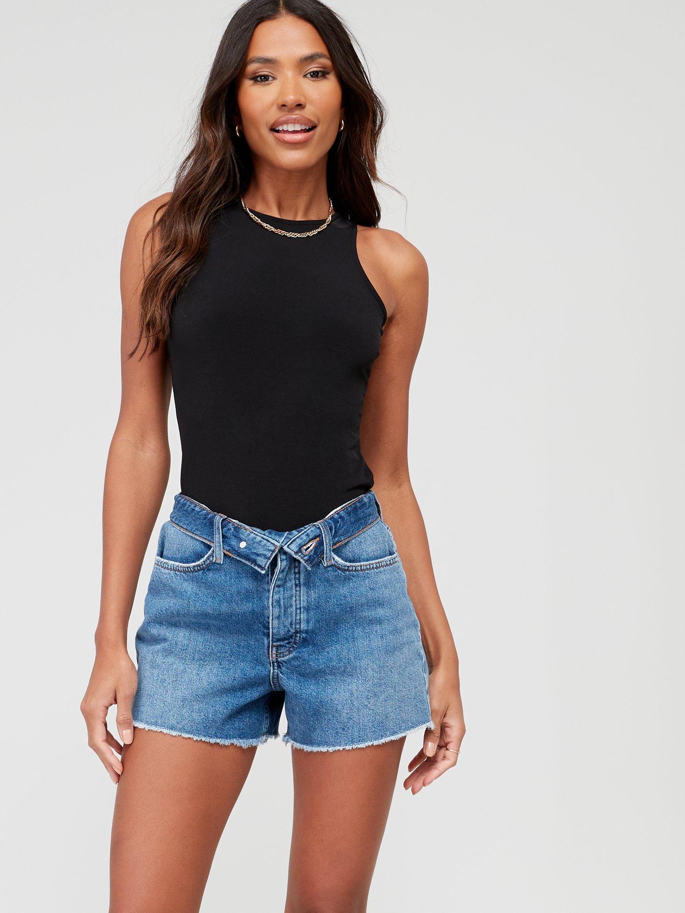  image of v-by-very-fold-over-waistband-mom-shorts-dark-wash