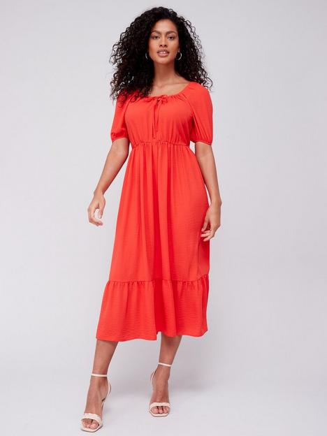 everyday-tie-front-puff-sleeve-midi-dress-textured-red