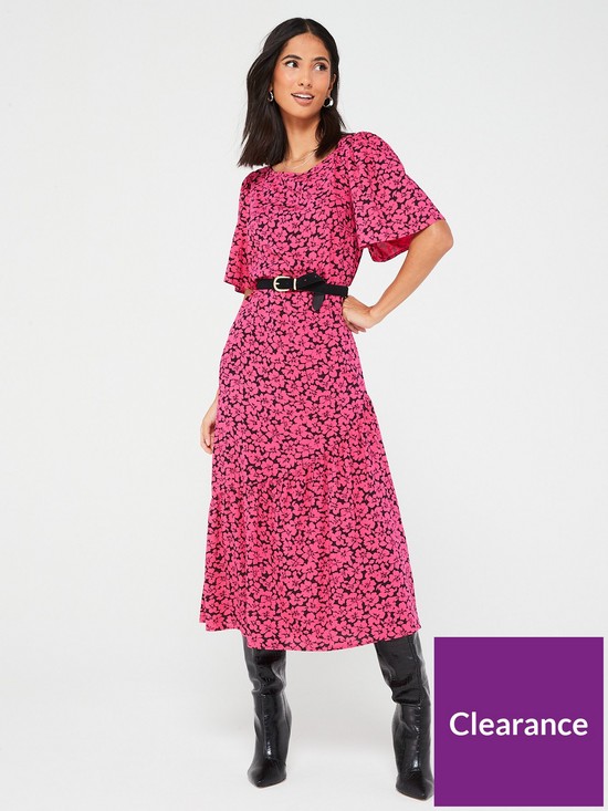 front image of everyday-angel-sleeve-floral-crew-neck-midi-dress