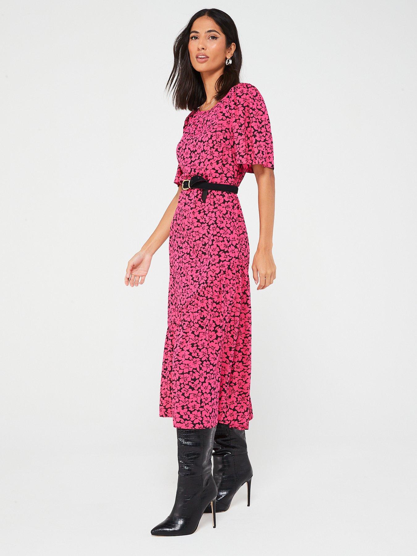  image of everyday-angel-sleeve-floral-crew-neck-midi-dress