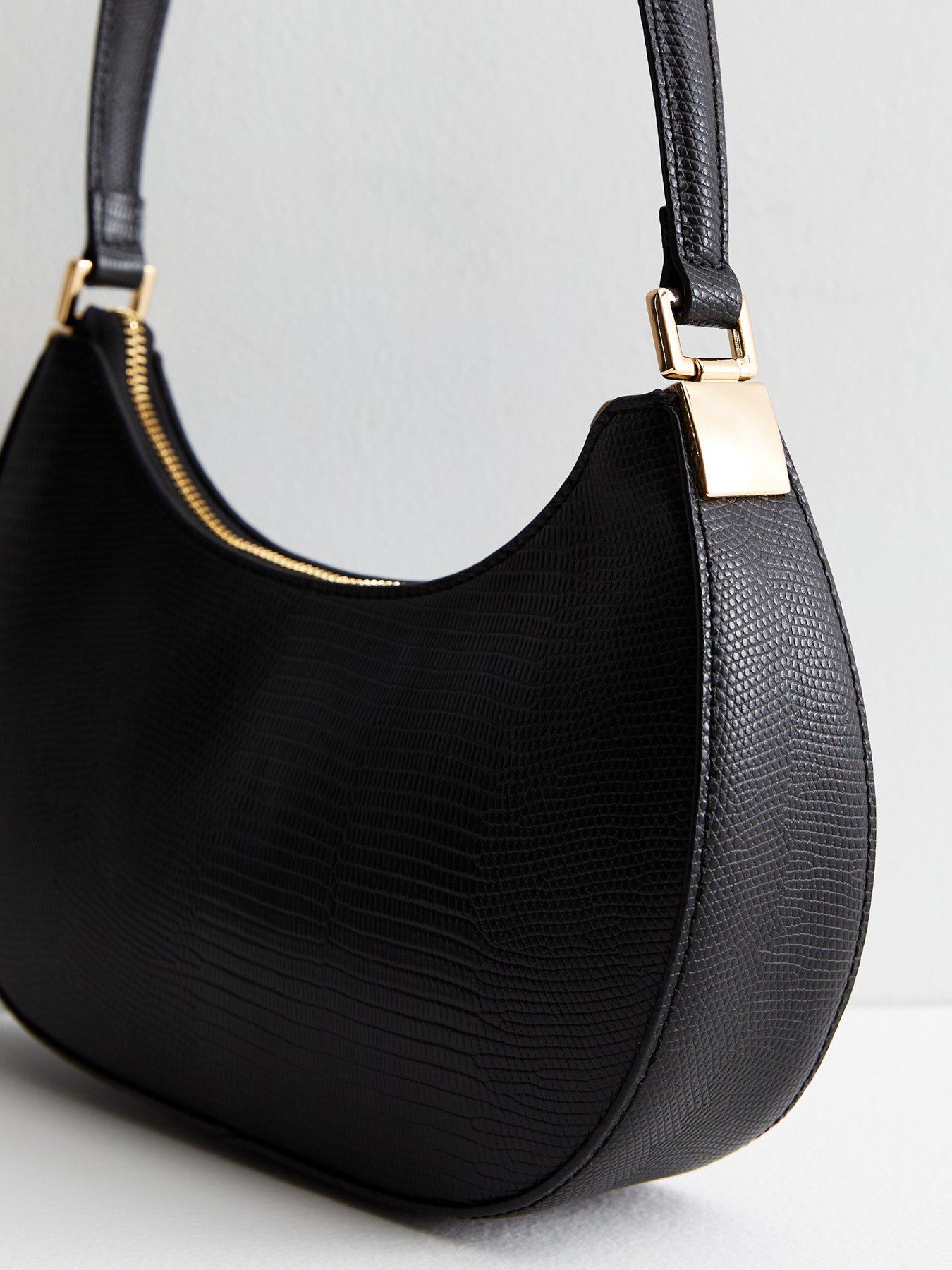 Black Leather-Look Scoop Shoulder Bag