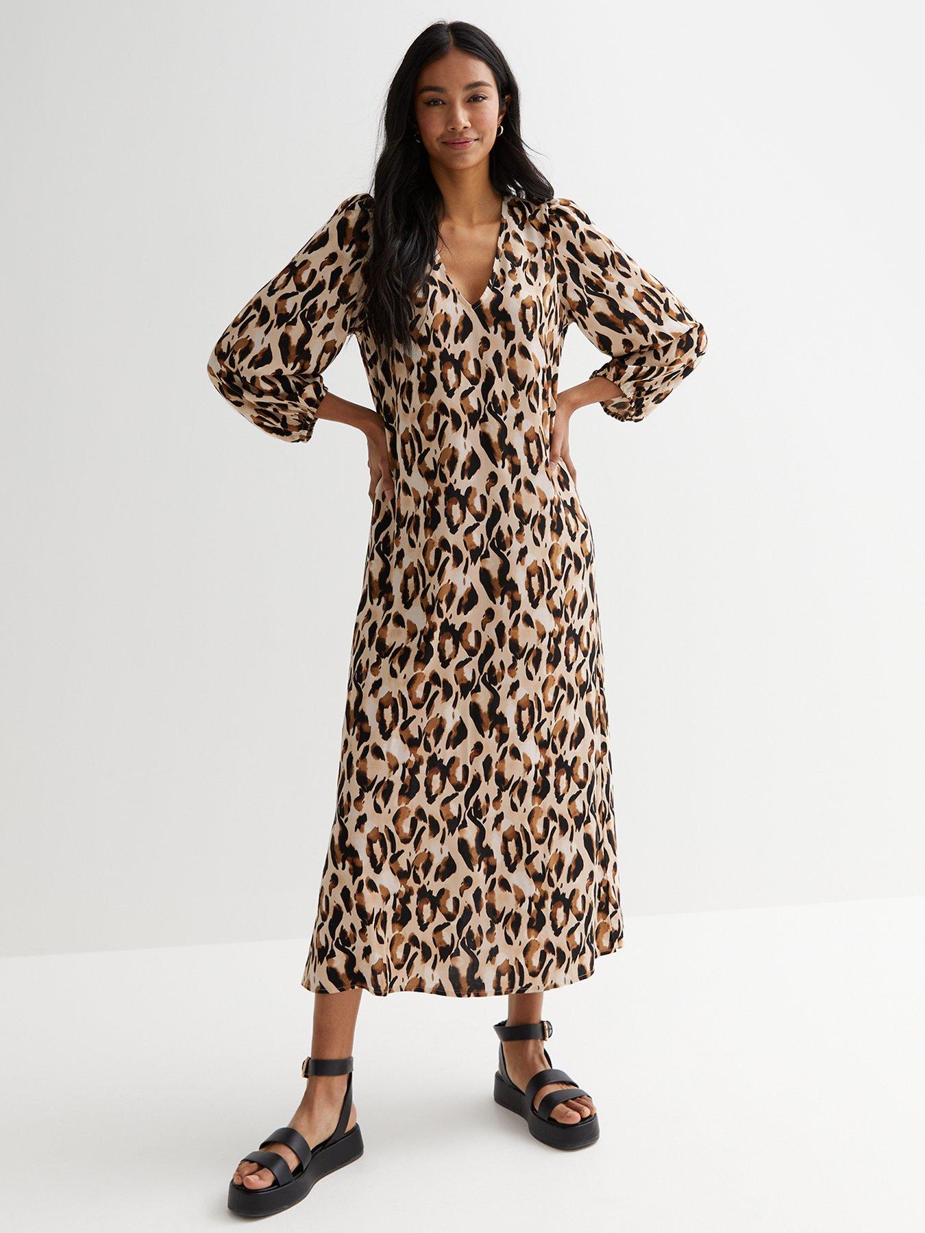 new-look-brown-leopard-print-puff-sleeve-midi-smock-dress