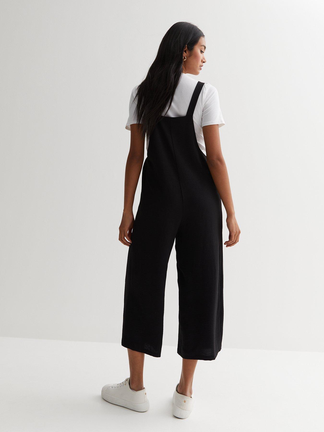 New Look Black Square Neck Wide Leg Crop Dungaree Jumpsuit ...