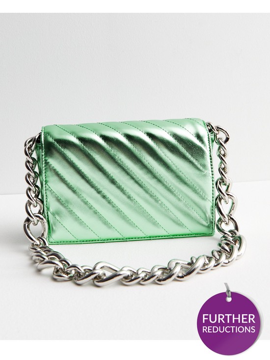 front image of new-look-mint-green-metallic-quilted-chain-shoulder-bag