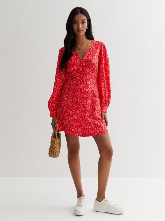 front image of new-look-red-floral-v-neck-button-front-mini-dress