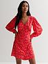  image of new-look-red-floral-v-neck-button-front-mini-dress