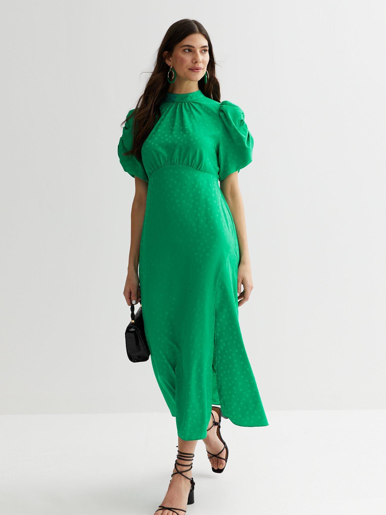 New Look Green Jacquard Satin Puff Sleeve Midi Dress | littlewoods.com