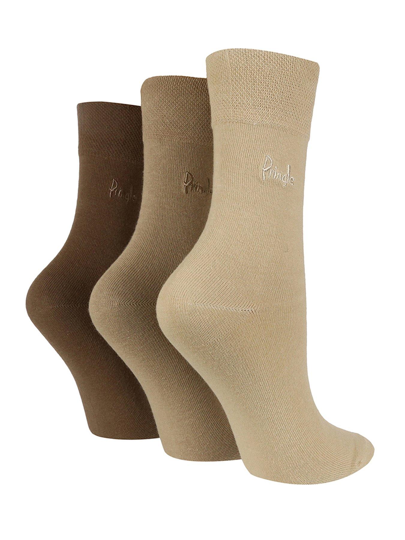 Beige, Ladies Pringle Gentle Grip Socks - Pack of 3