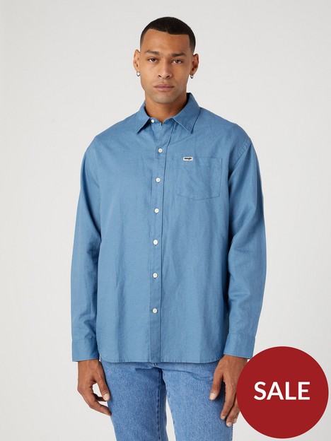 wrangler-pocket-denim-long-sleeve-shirt-blue
