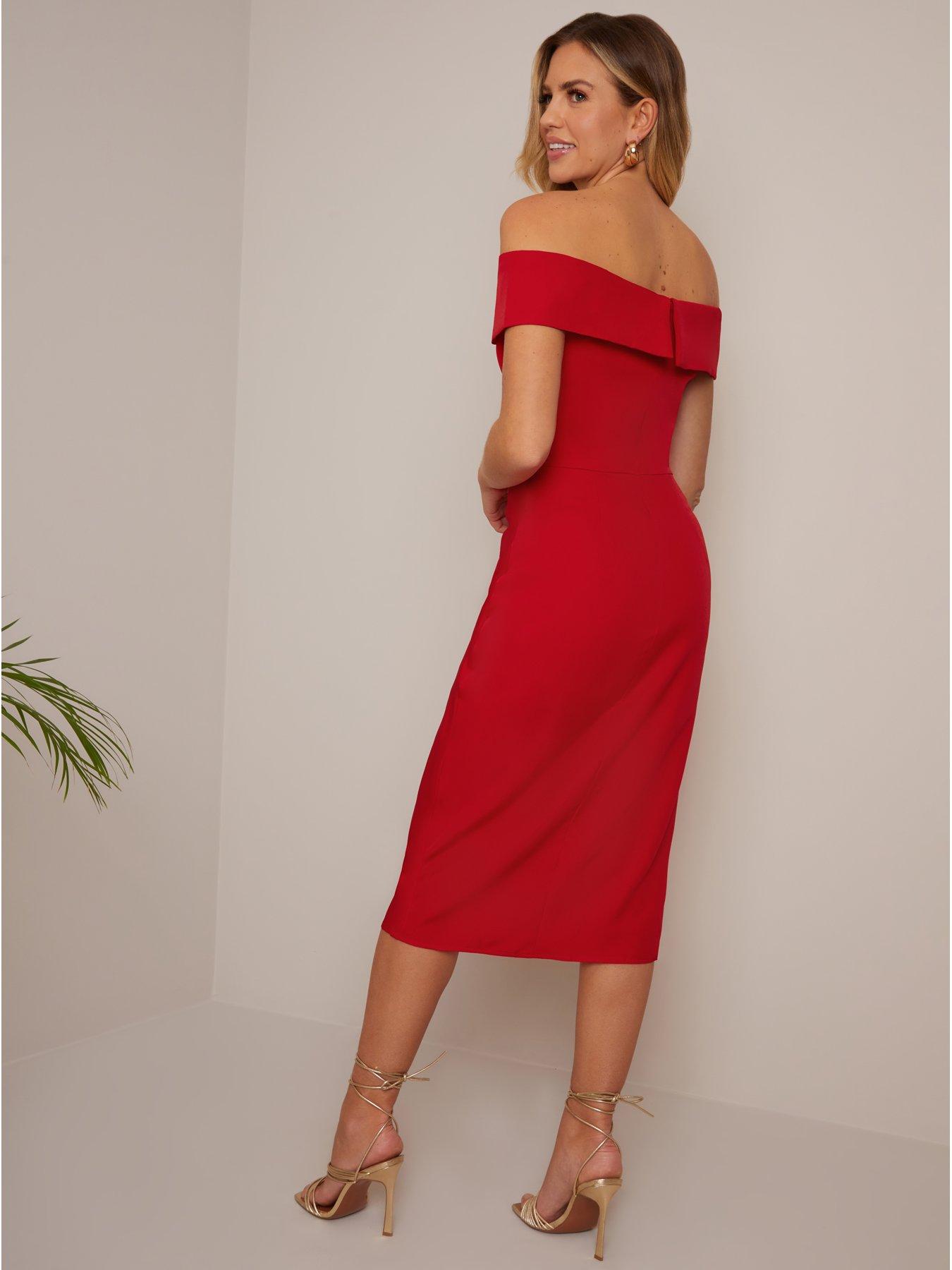 Bardot Split Detail Bodycon Midi Dress In Red