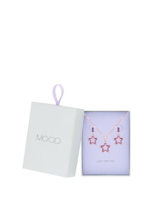 front image of mood-rose-gold-purple-baguette-star-pendant-necklace-and-earring-set-gift-boxed