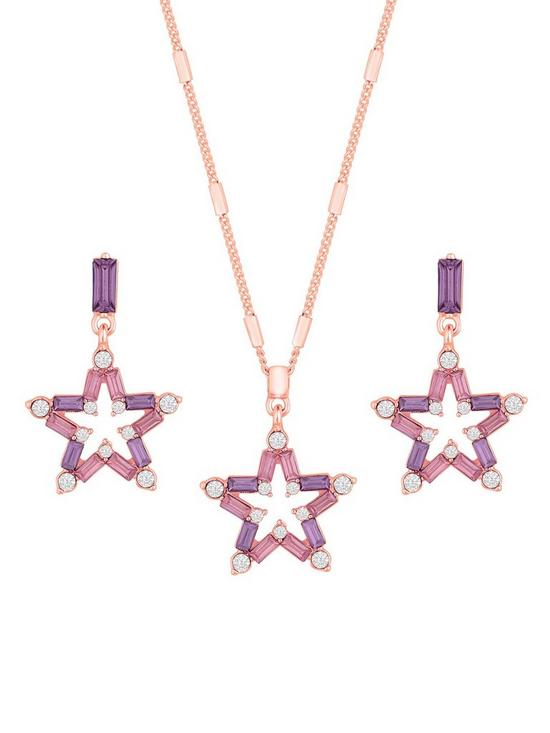 stillFront image of mood-rose-gold-purple-baguette-star-pendant-necklace-and-earring-set-gift-boxed