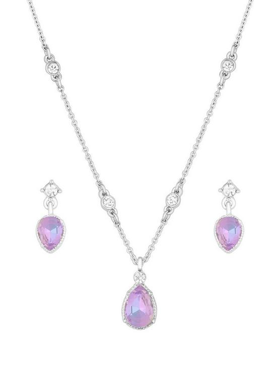 stillFront image of mood-silver-purple-aurora-borealis-pear-drop-pendant-necklace-and-earring-set-gift-boxed