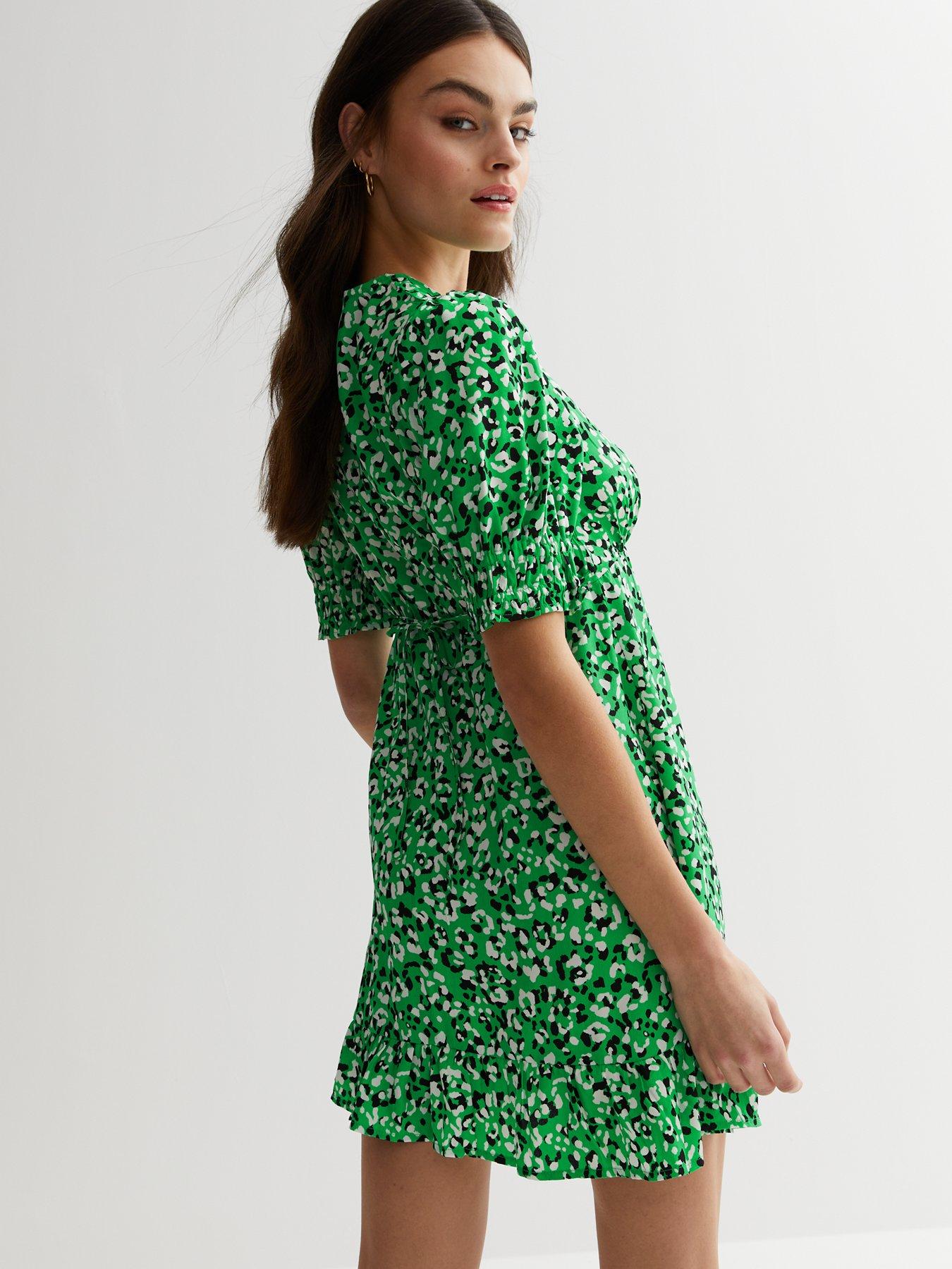 New Look Green Animal Print Frill Shirred Mini Dress | littlewoods.com