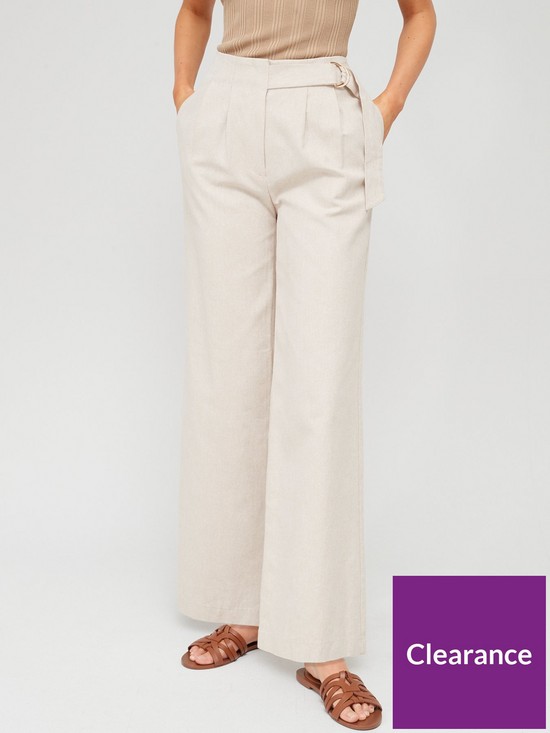 front image of fig-basil-belted-straight-leg-textured-trouser-off-white
