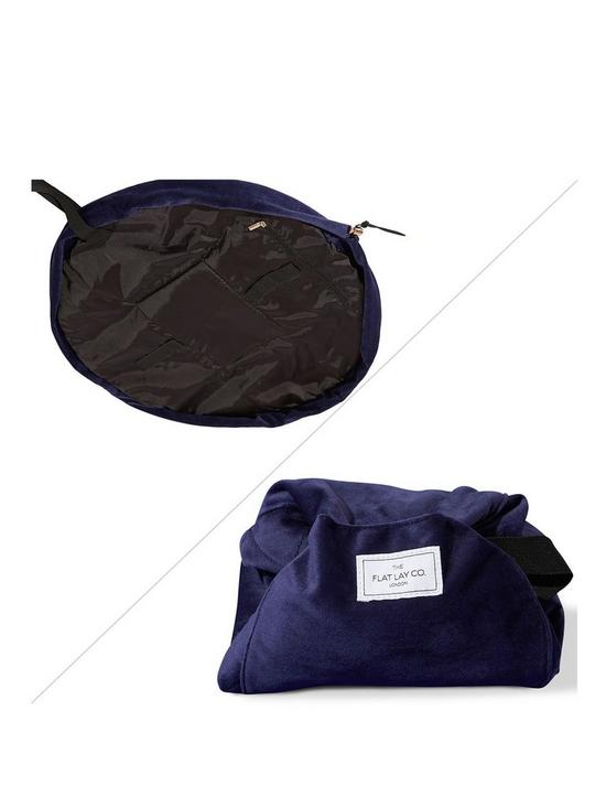 front image of the-flat-lay-co-navy-velvet-open-flat-makeup-bag