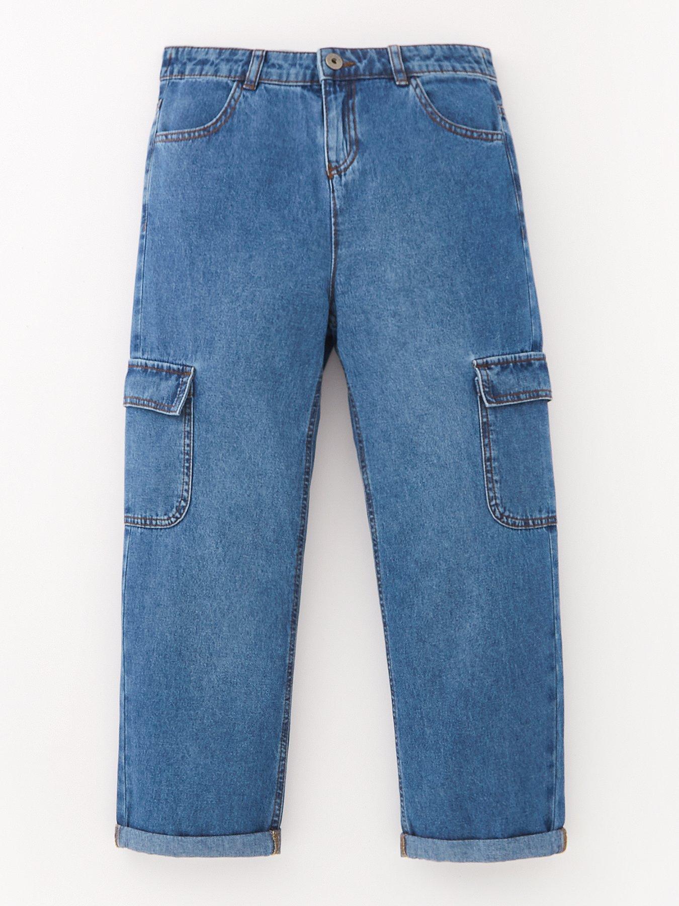 Girls Blue Denim Wide Leg Cargo Jeans