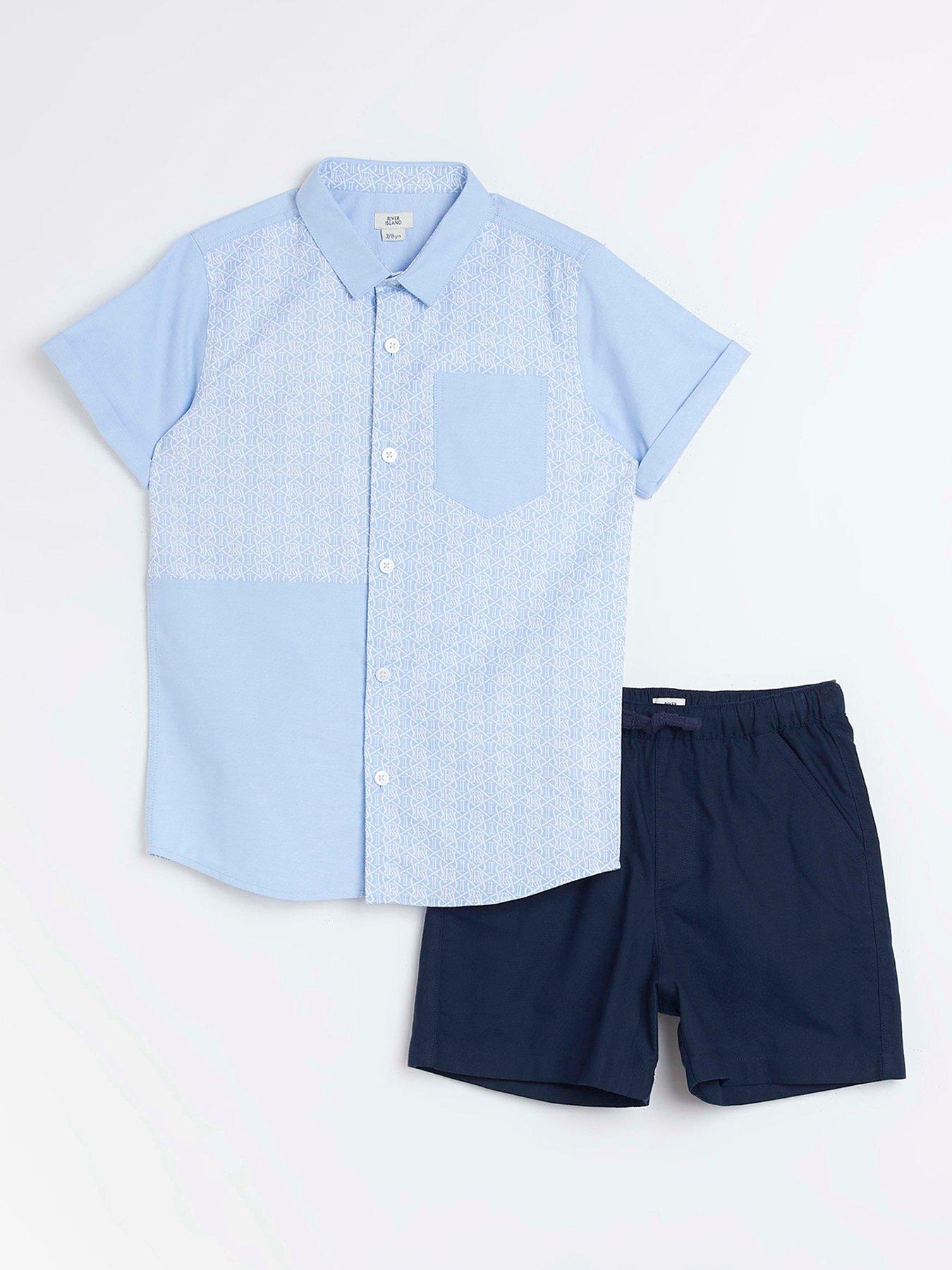 front image of river-island-boys-monogram-oxford-shirt-set-blue