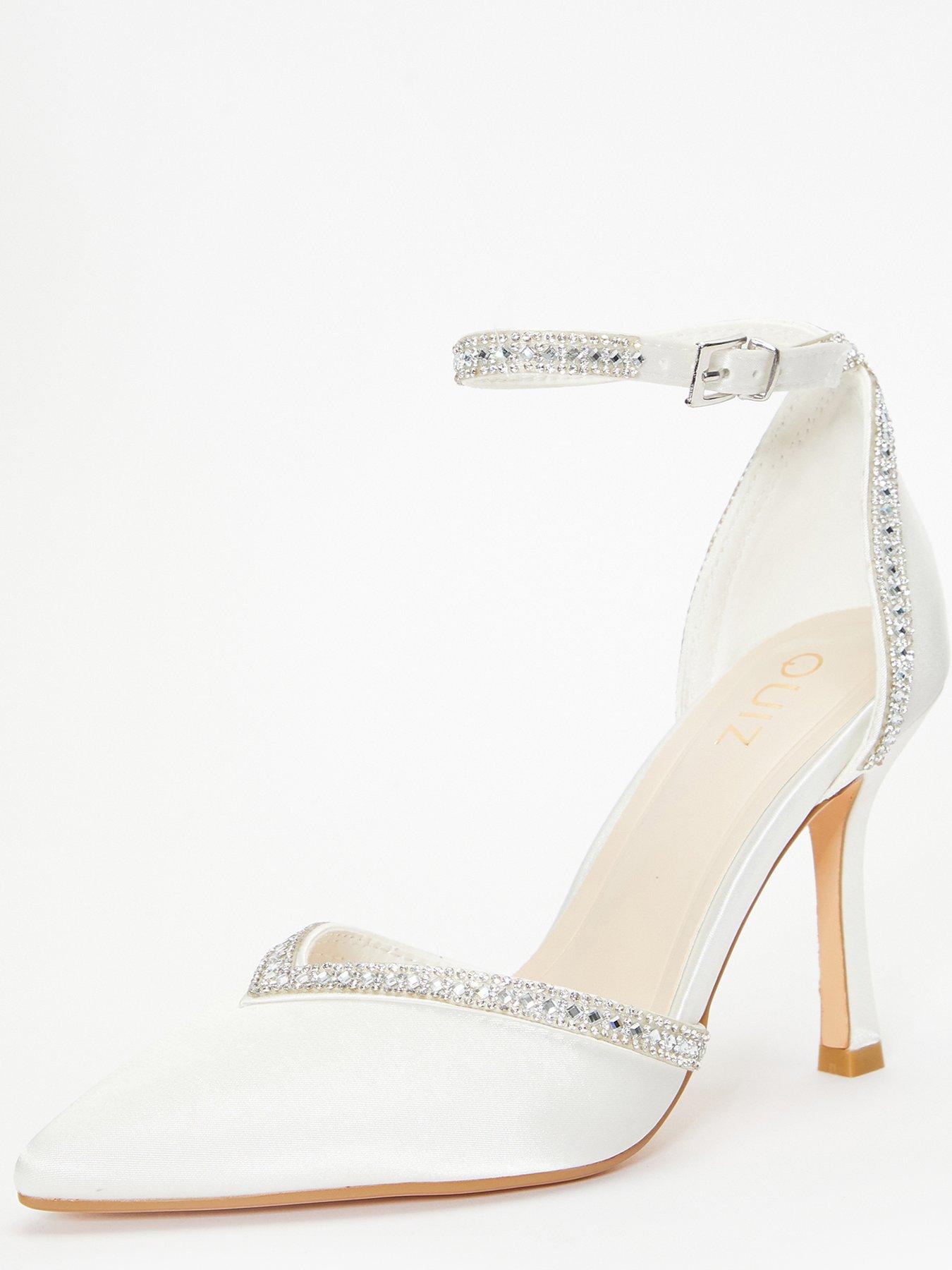 Bridal Satin Diamante Trim Court Heels White