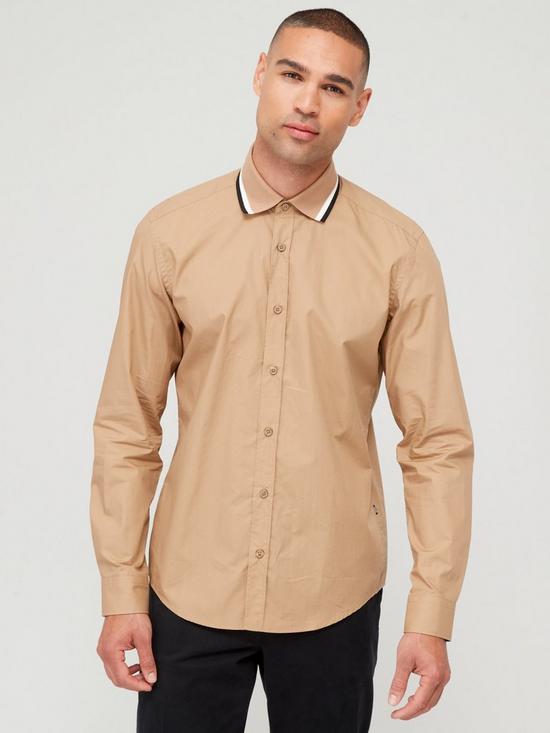 front image of boss-liam-233-regular-fit-longsleeve-shirt-with-jersey-collar-beige