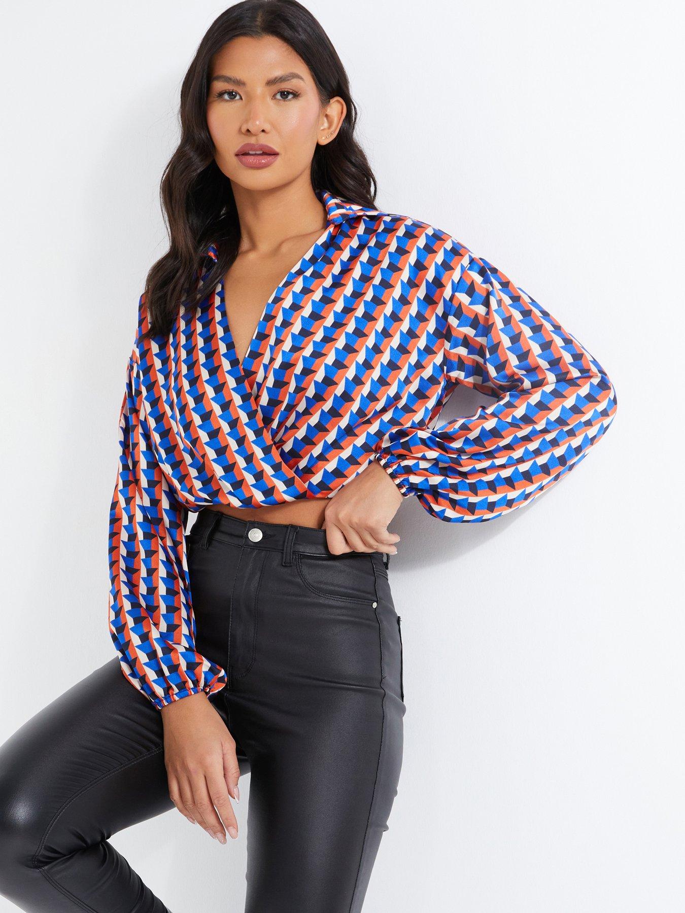  image of quiz-satin-geometric-wrap-crop-shirt-blue