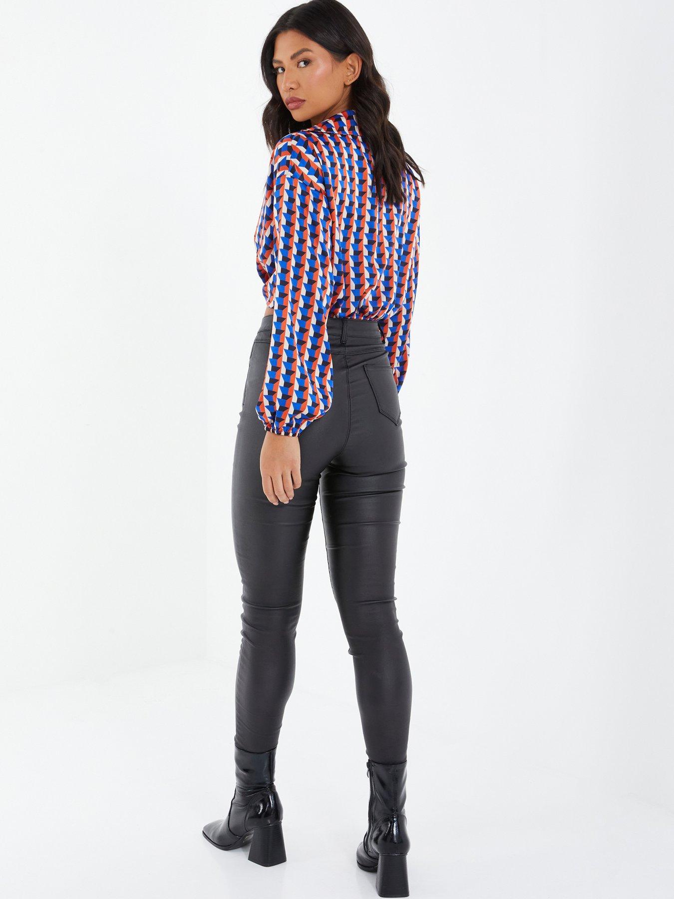  image of quiz-satin-geometric-wrap-crop-shirt-blue