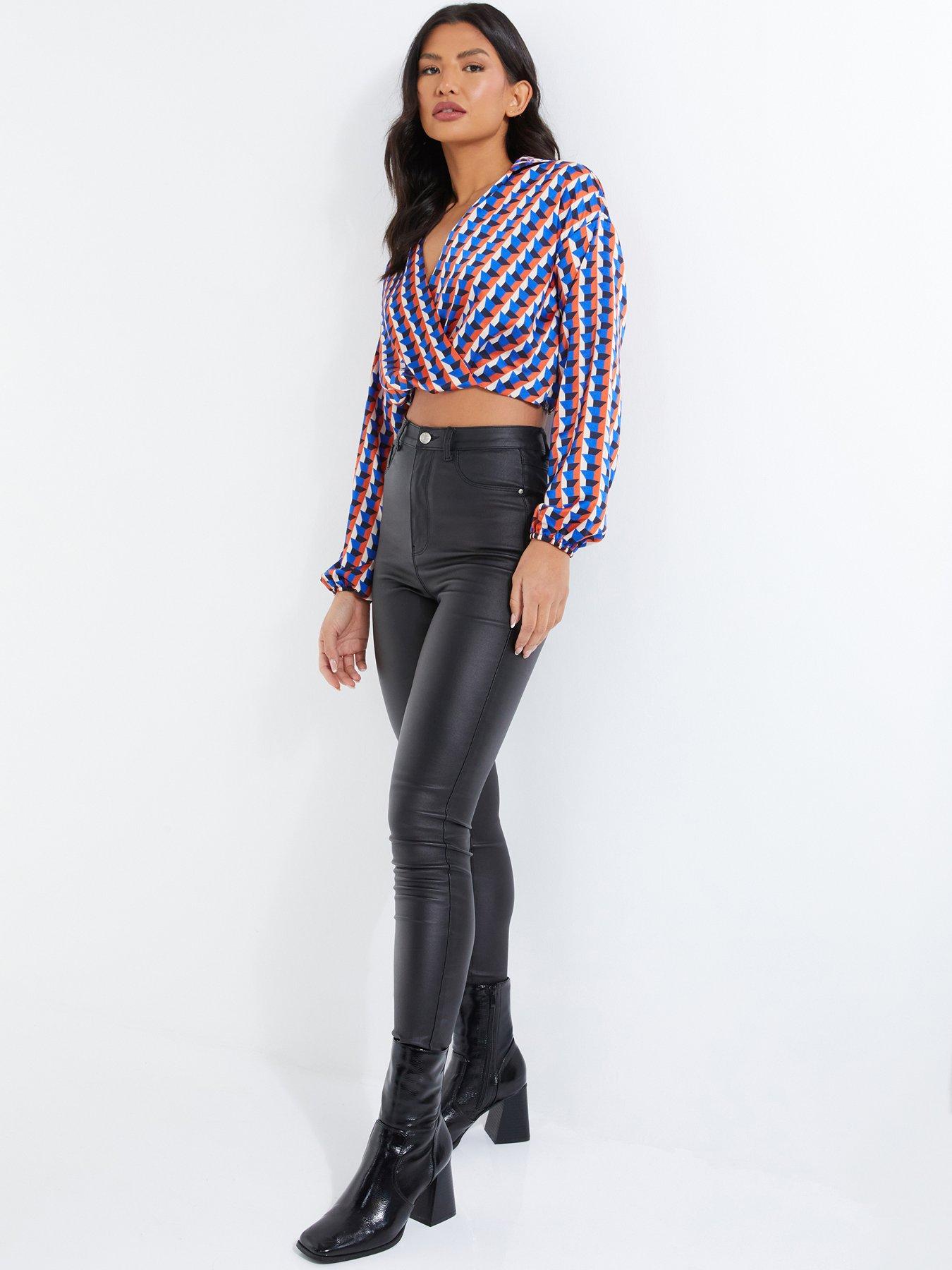  image of quiz-satin-geometric-wrap-crop-shirt-blue