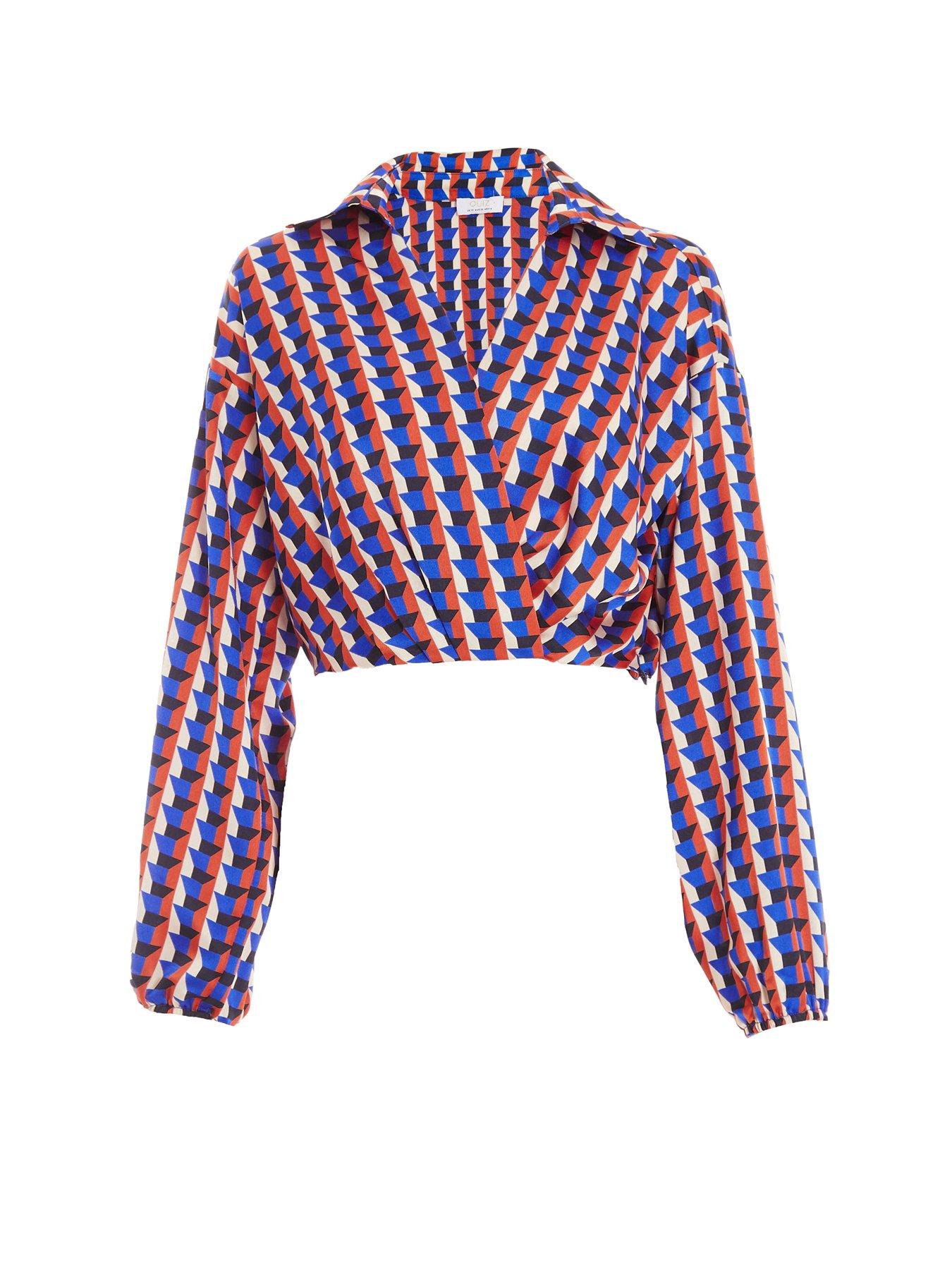  image of quiz-satin-geometric-wrap-crop-shirt-blue