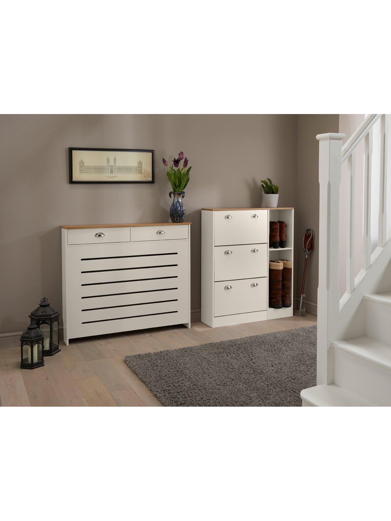 Radiator cover with shoe on sale storage