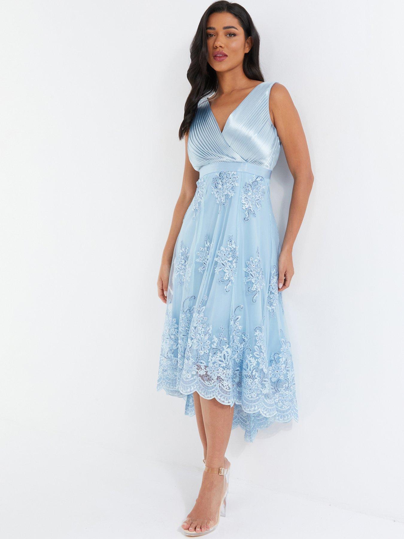 Quiz Embroidered Dip Hem Dress Blue
