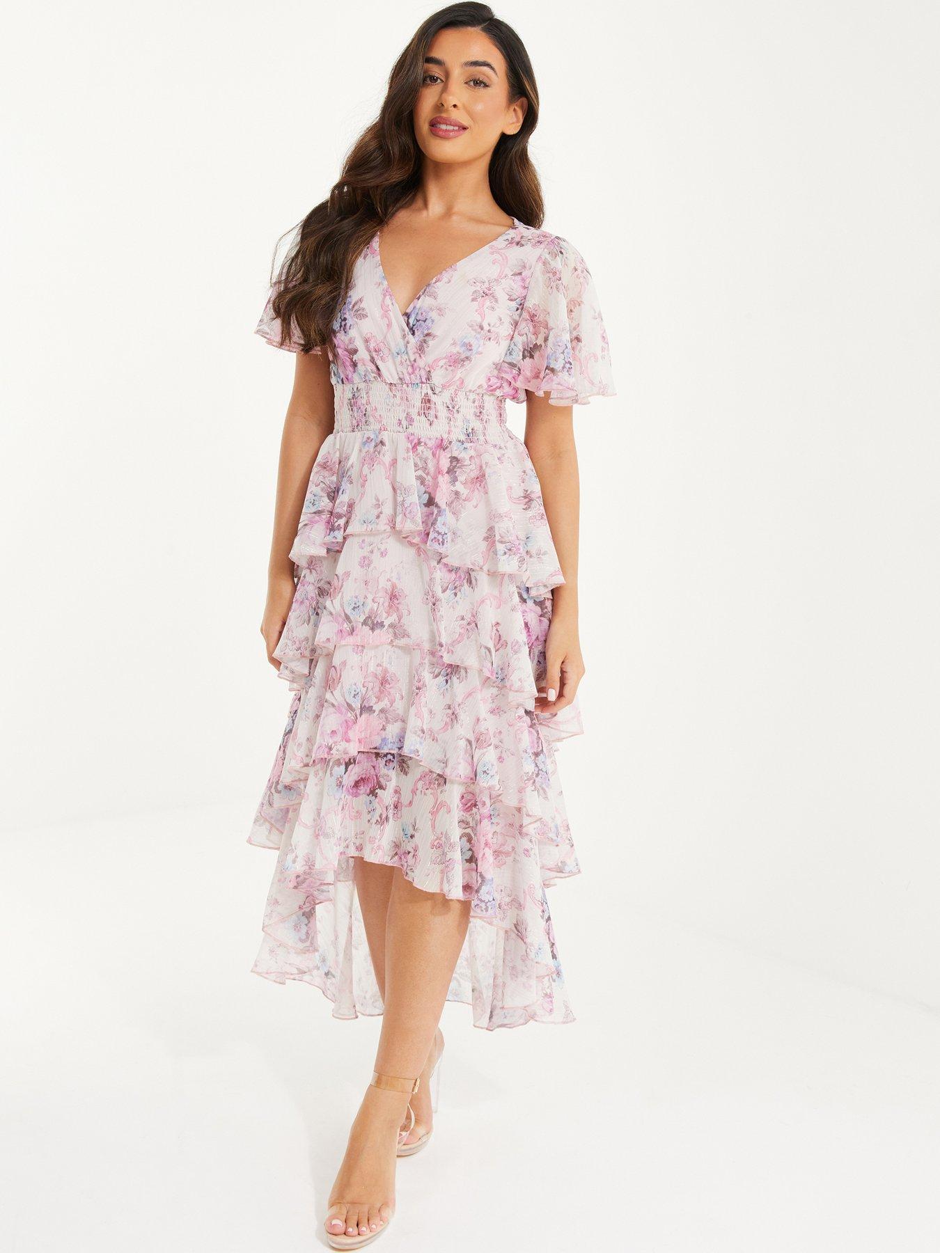 Quiz Petite Chiffon Floral Dip Hem Tiered Midi Dress | Littlewoods
