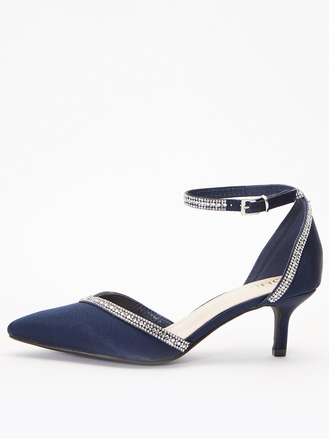  image of quiz-satin-diamante-trim-low-court-heels-dark-blue