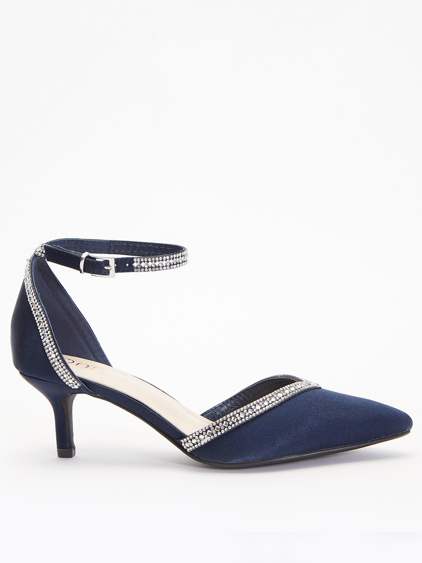  image of quiz-satin-diamante-trim-low-court-heels-dark-blue