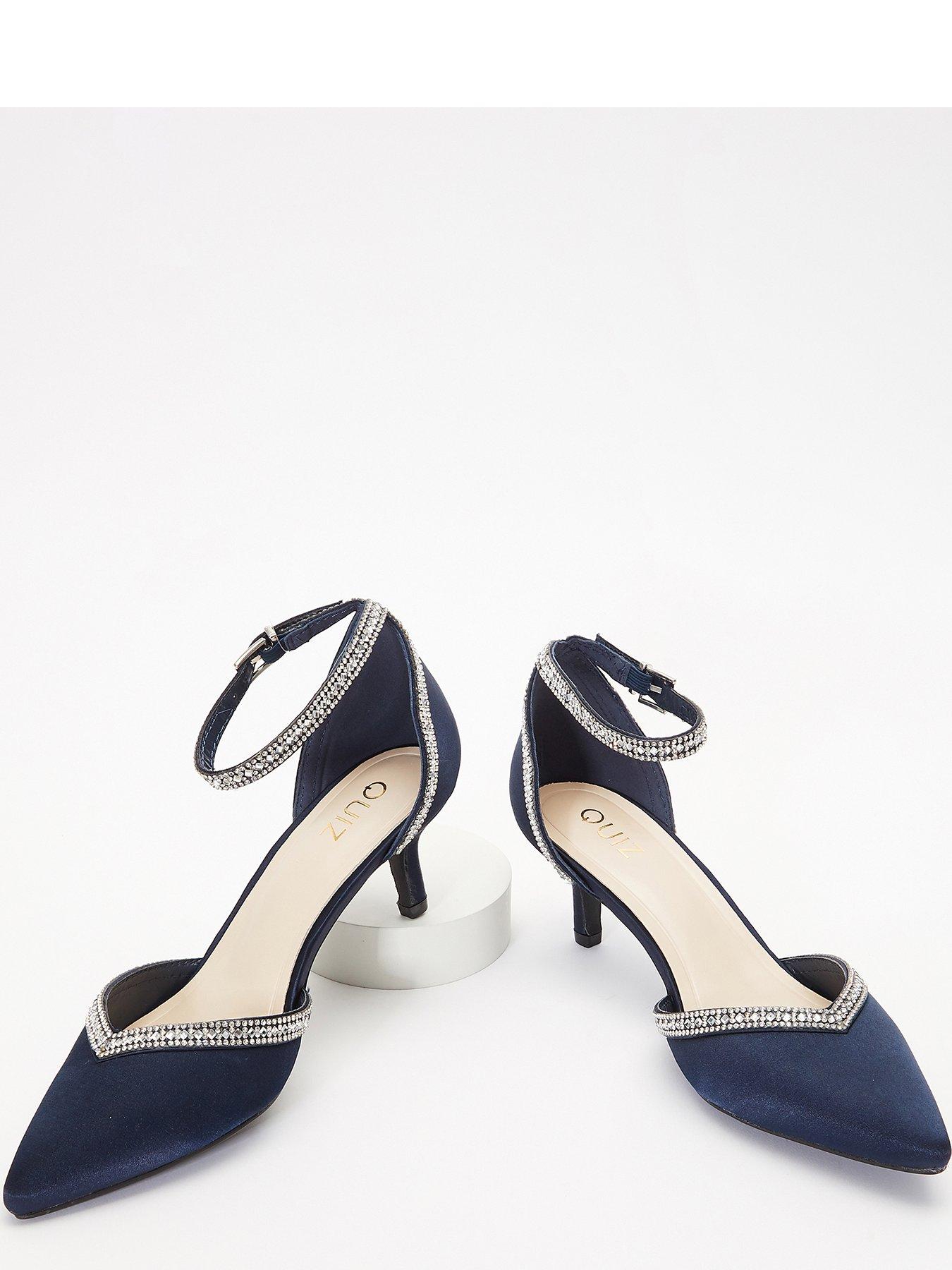 image of quiz-satin-diamante-trim-low-court-heels-dark-blue