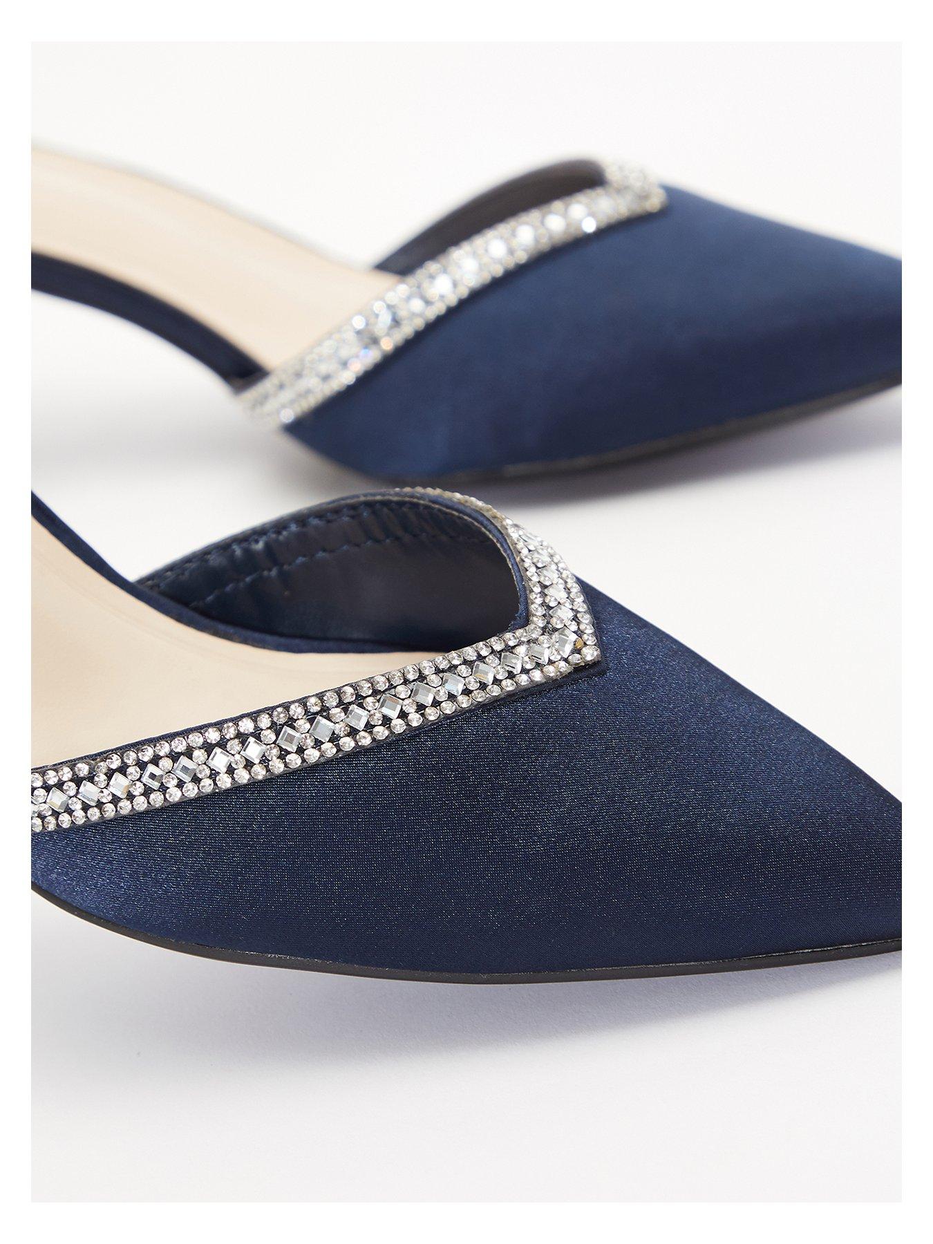  image of quiz-satin-diamante-trim-low-court-heels-dark-blue
