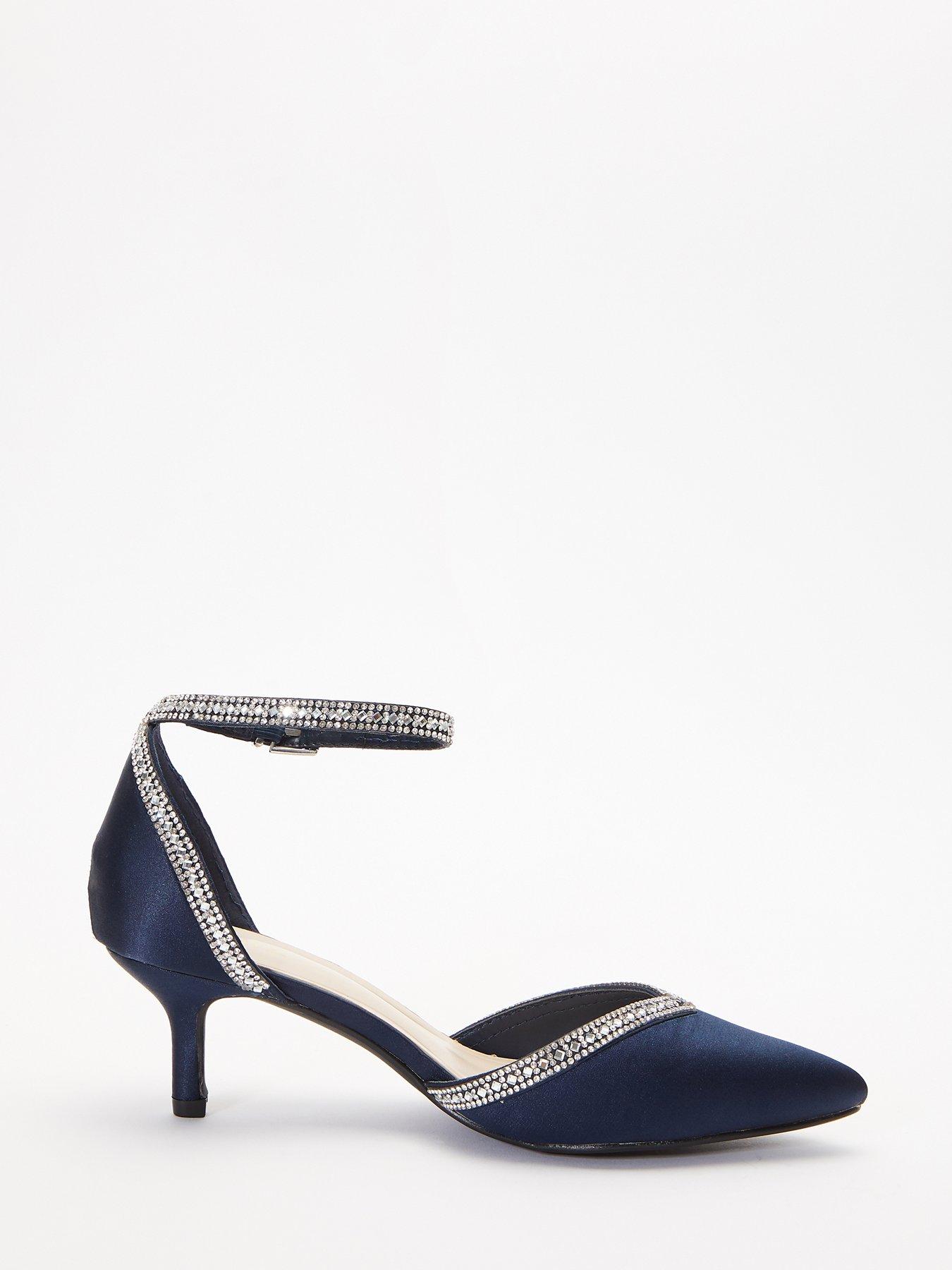  image of quiz-satin-diamante-trim-low-court-heels-dark-blue