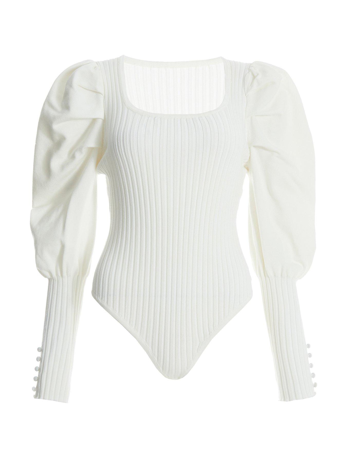  image of quiz-knitted-puff-sleeve-bodysuit-cream